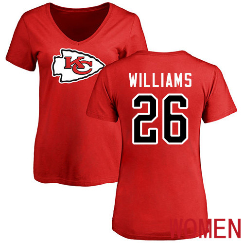 Women Football Kansas City Chiefs #26 Williams Damien Red Name and Number Logo Slim Fit T-Shirt